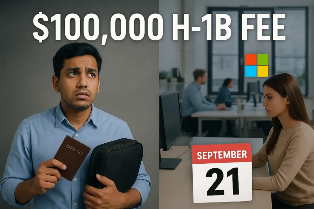 Immigrant worker holding passport and office worker with $100,000 H1B visa fee text